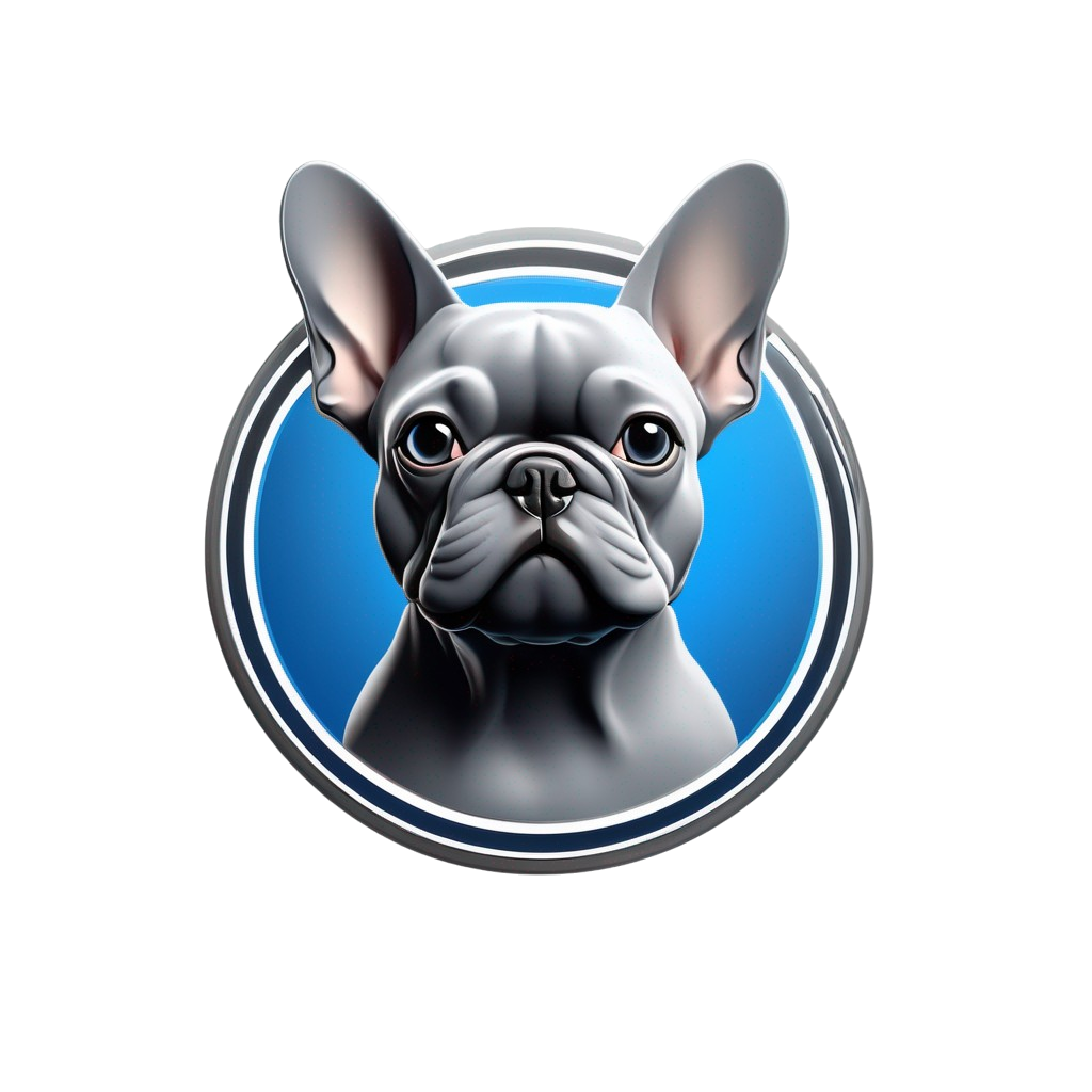 A stylised illustration of a French Bulldog head in a circular badge with a blue background.